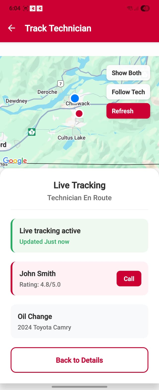 KAY-C App Track Technician Screen